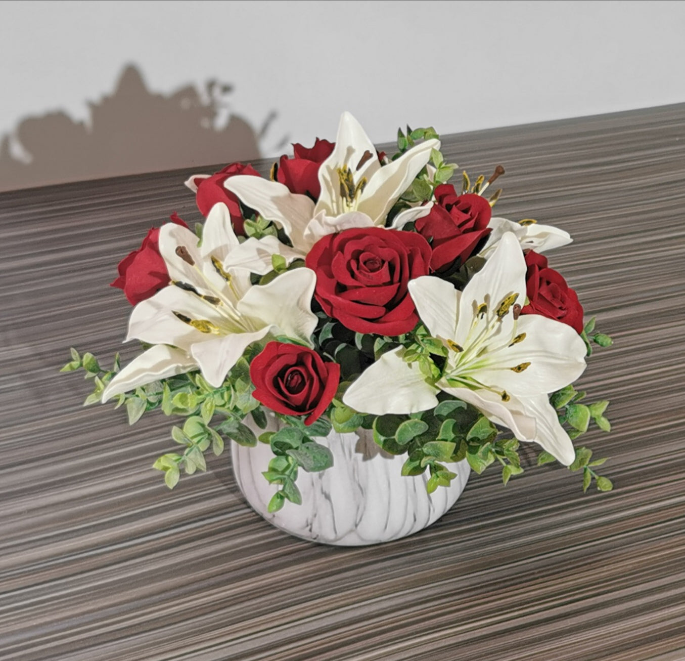 White Asiatic Lily and Red Rose Arrangement