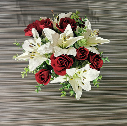 White Asiatic Lily and Red Rose Arrangement