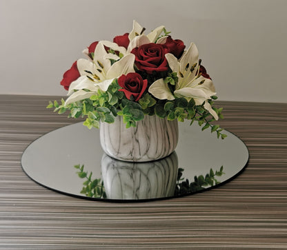 White Asiatic Lily and Red Rose Arrangement