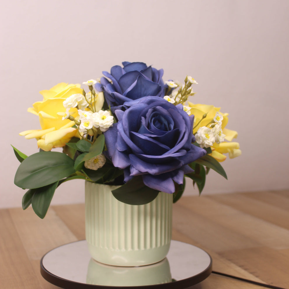 Royal Blue and Yellow Rose Arrangement - Realistic Artificial Flowers