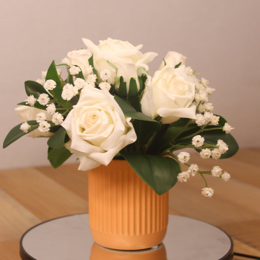 Classic White Rose and Baby’s Breath Arrangement - Realistic Artificial Flowers