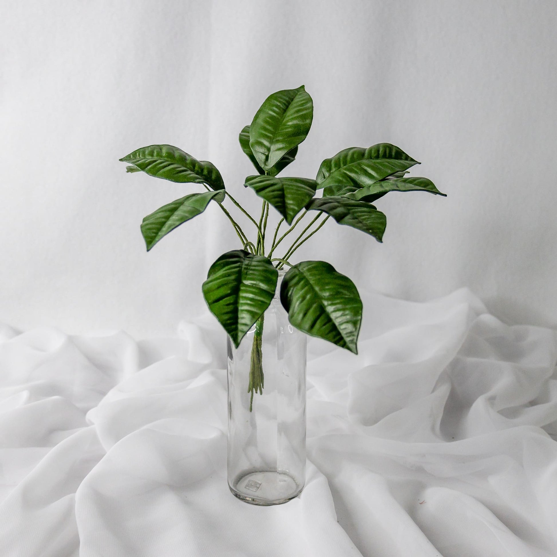artificial mini gardenia leaves placed in transparent glass vase