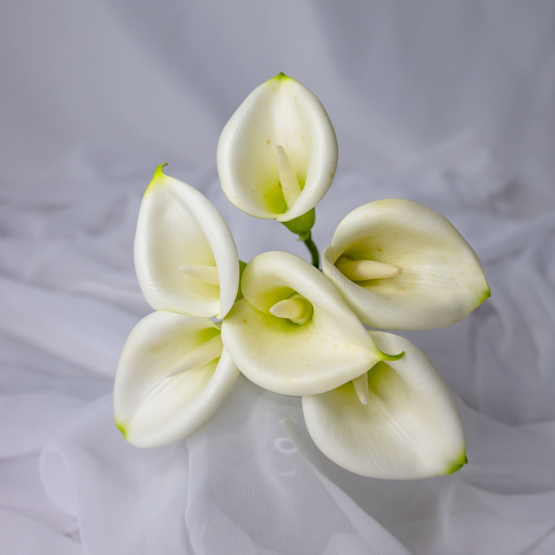 artificial white buttonhole calla lilies top view