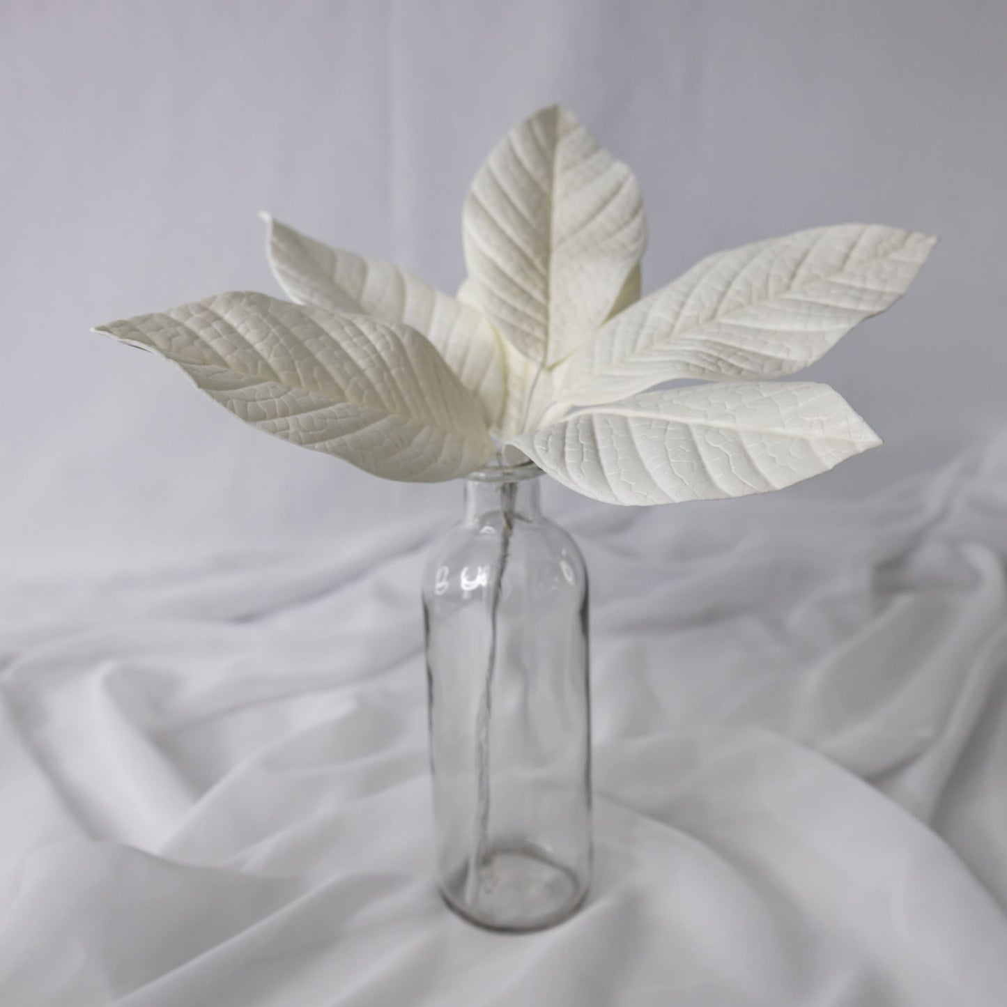 artificial white gardenia leaves placed in transparent glass vase