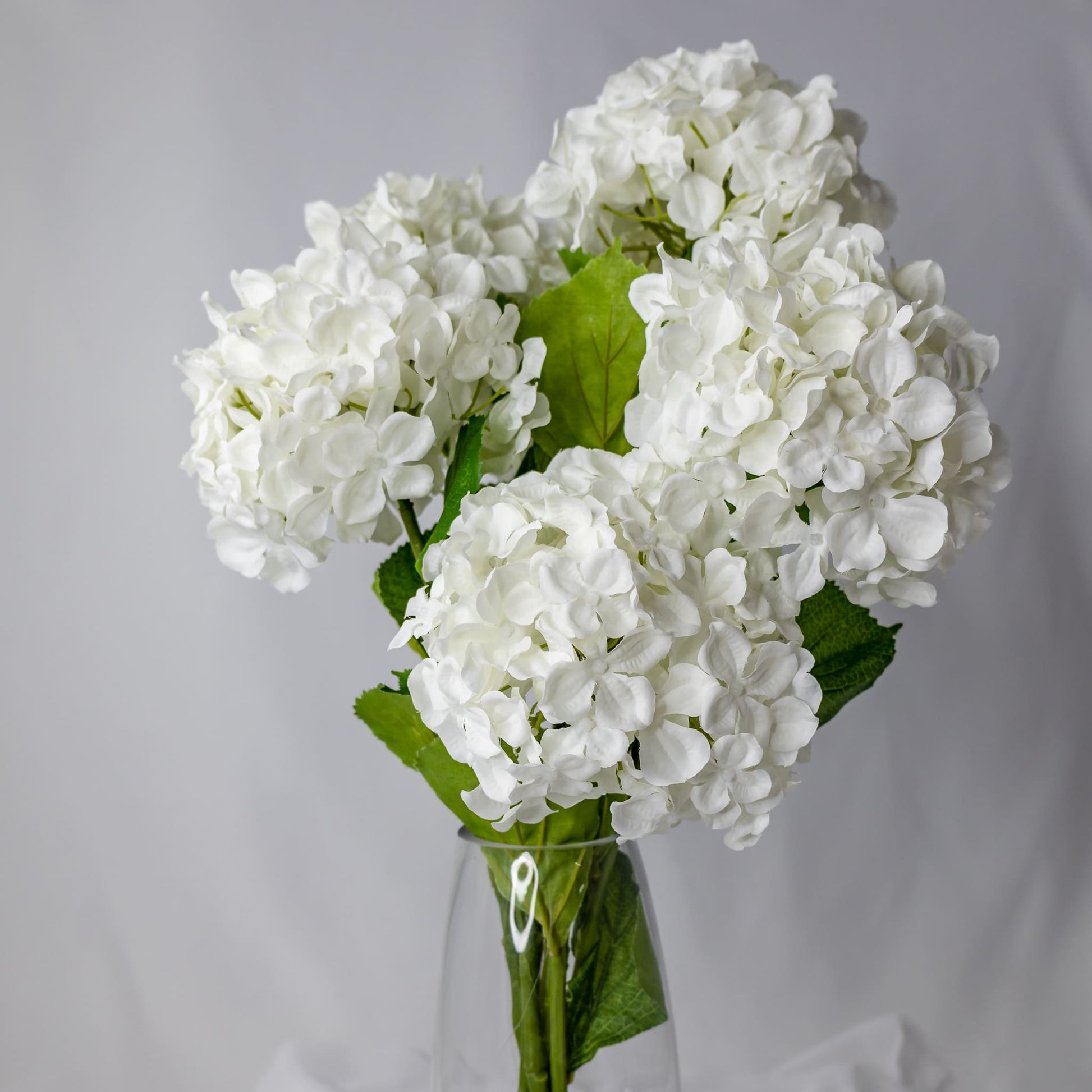 artificial white soft touch hydrangea flowers placed in transparent glass vase
