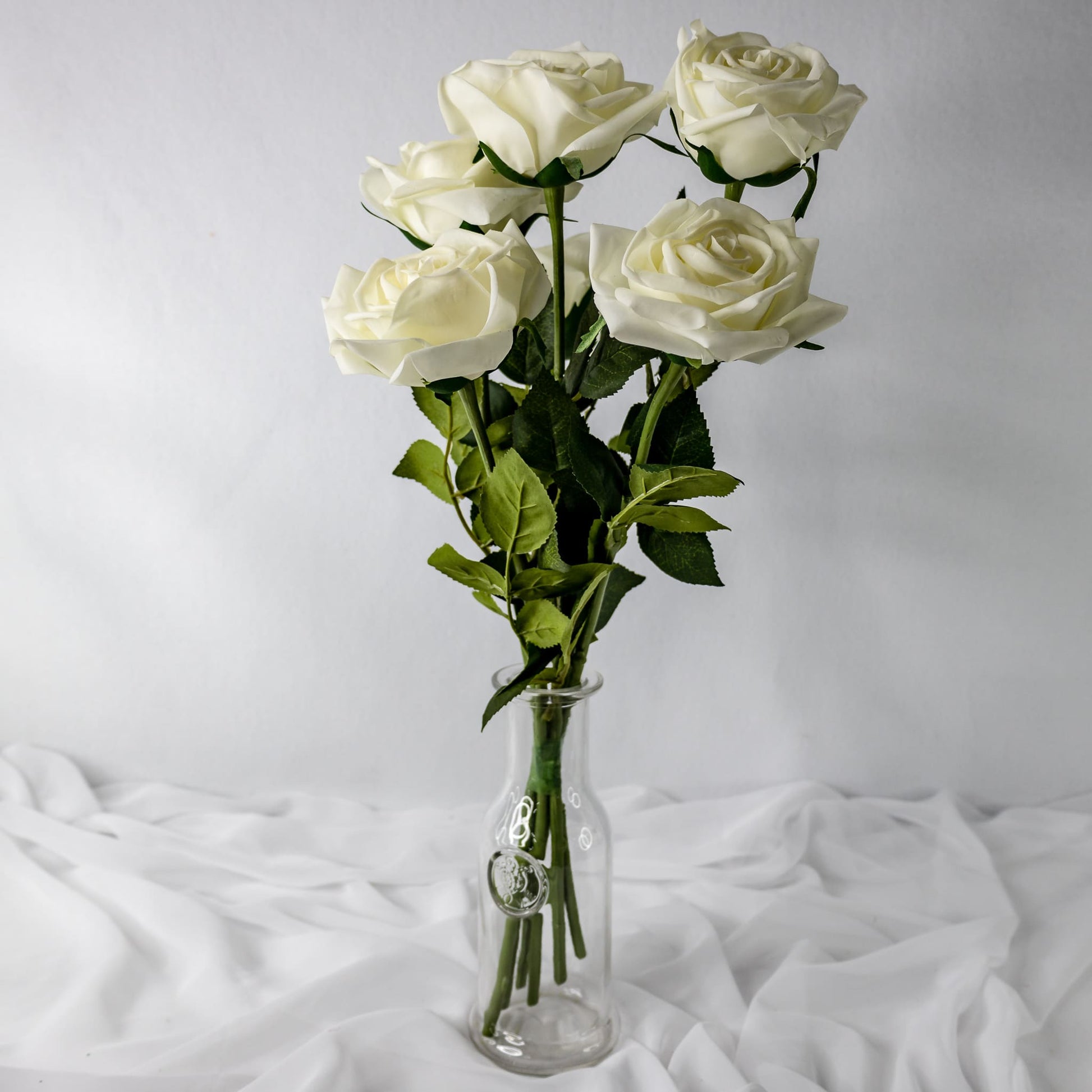 artificial White Natural Real Touch Roses in glass vase