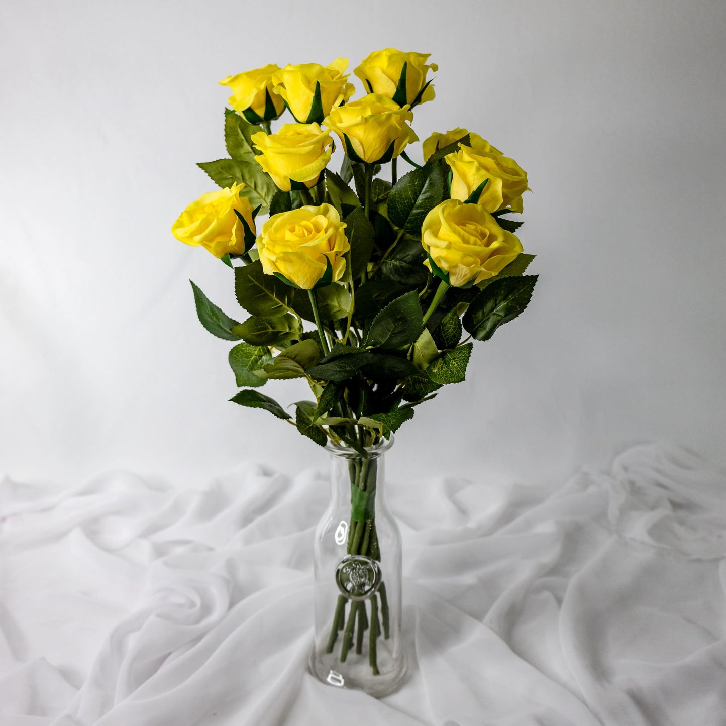 artificial Yellow Real Touch Half bloom Roses in glass vase