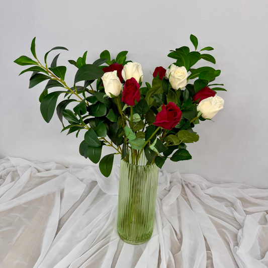 White and Red Dozen Roses in a Gift Wrapped Bouquet