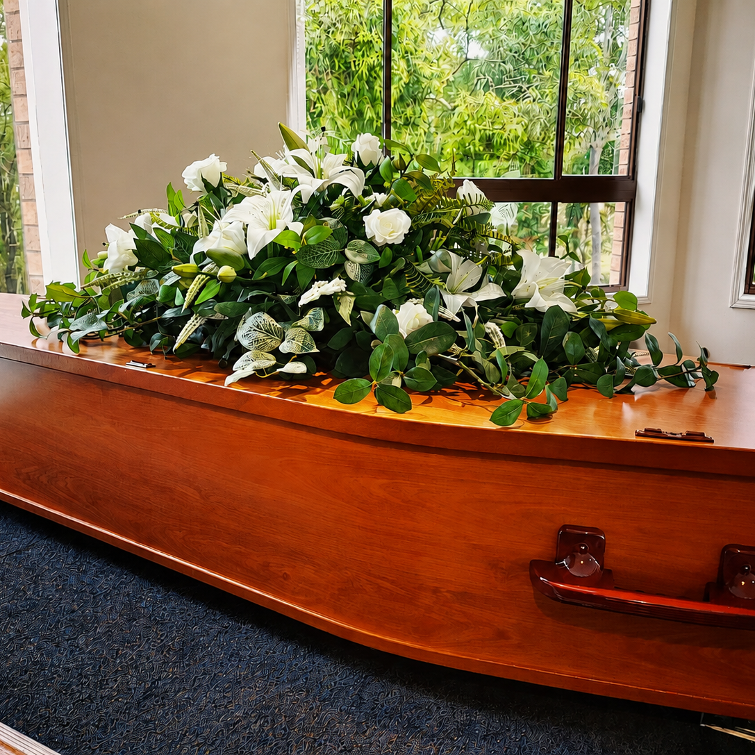 Casket Spray in White Artificial Flowers for Funeral