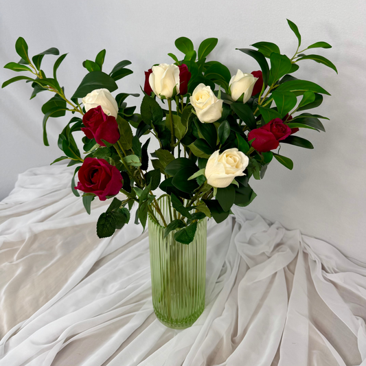White and Red Dozen Roses in a Gift Wrapped Bouquet