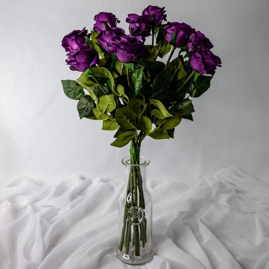 artificial Purple Real Touch Half Bloom Roses in clear glass vase