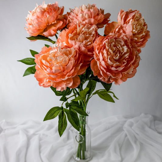 artificial Peach Peonies Large Bloom in clear glass vase