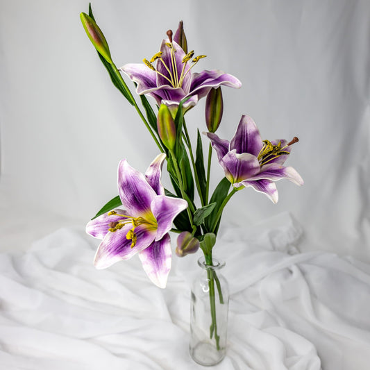 artificial Purple Asiatic Lilies Small in clear glass vase