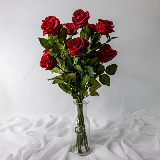 artificial Red Real Touch Half bloom Rose in clear glass vase