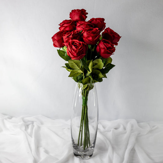 artificial Red David Austin Real Touch Open Bud Roses in glass vase