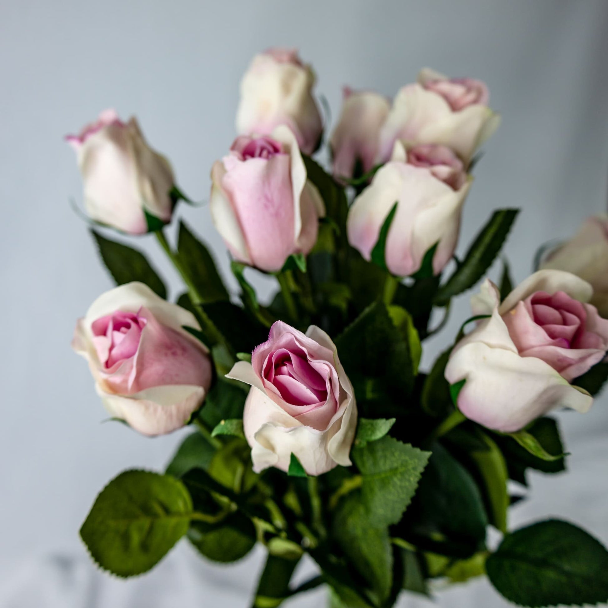 artificial Pink Ice Real Touch Open Bud Roses closer look
