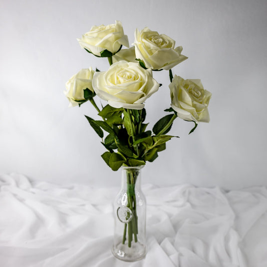 artificial Light Cream Natural Real Touch Roses in glass vase