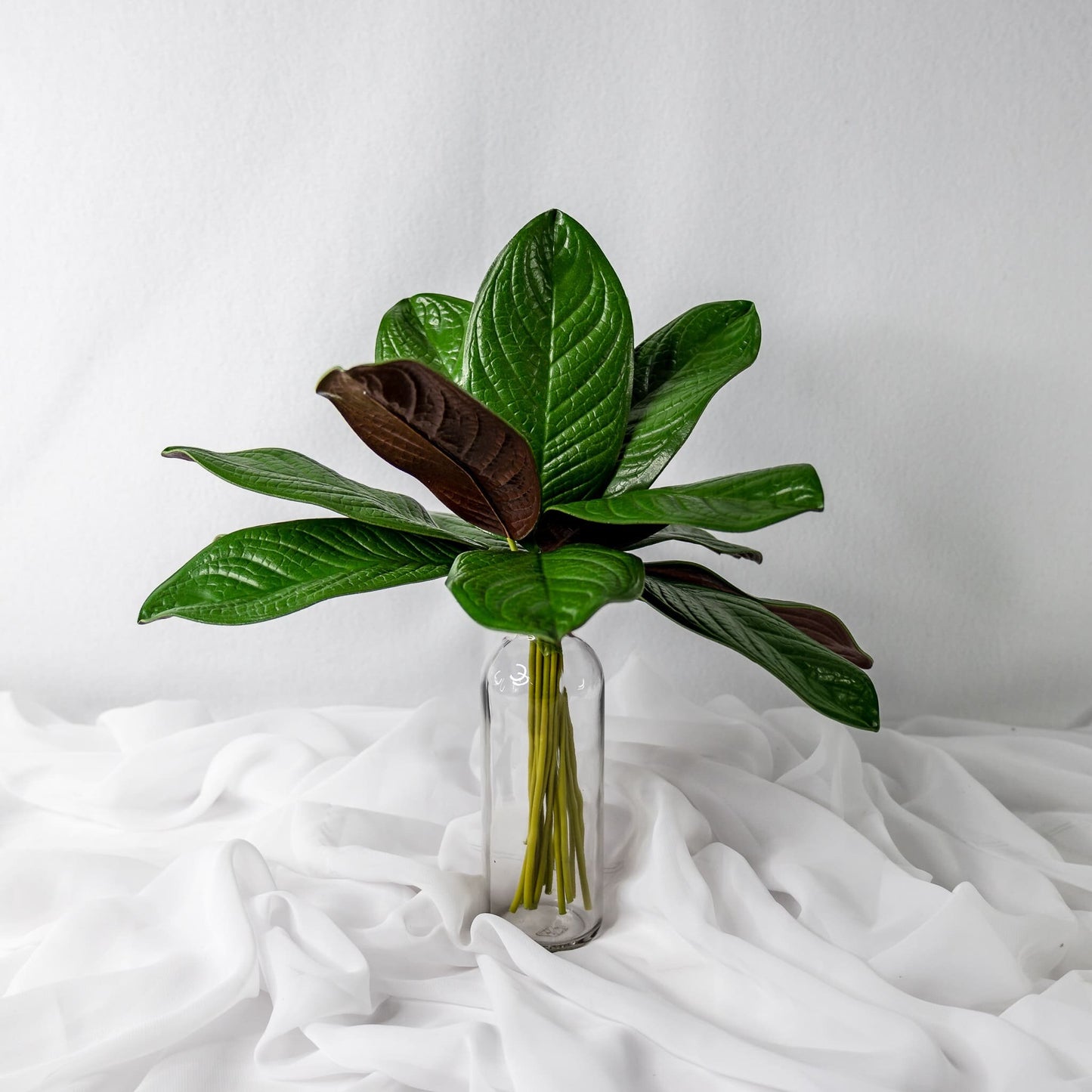 artificial Large Magnolia Leaves in glass vase