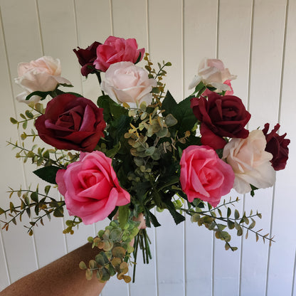 Dozen Mixed Open Rose Bouquet -Real Touch Blooms