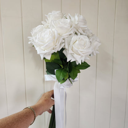 Large White Real Touch Rose Bridal Bouquet