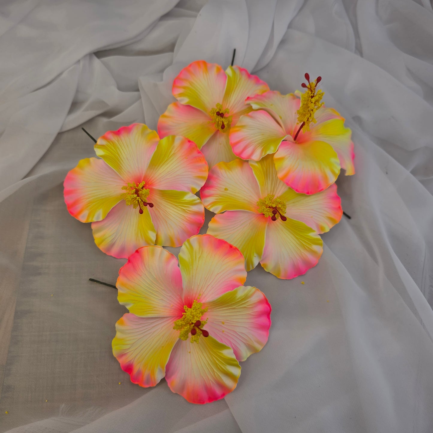 Neon Pink/Yellow Hibiscus Shimmery 11.5 cm Flowerhead