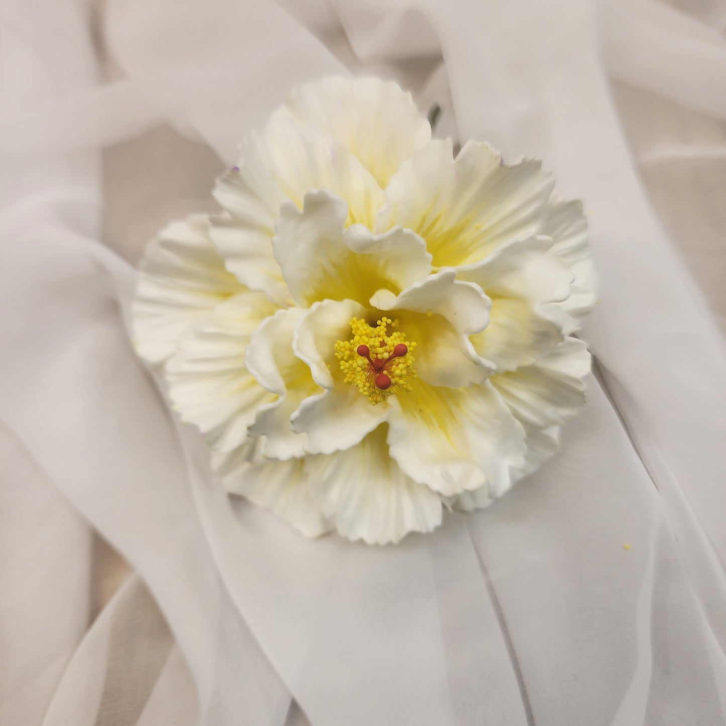 White /Yellow Double Hibiscus 11cm- Realistic artificial Flowers