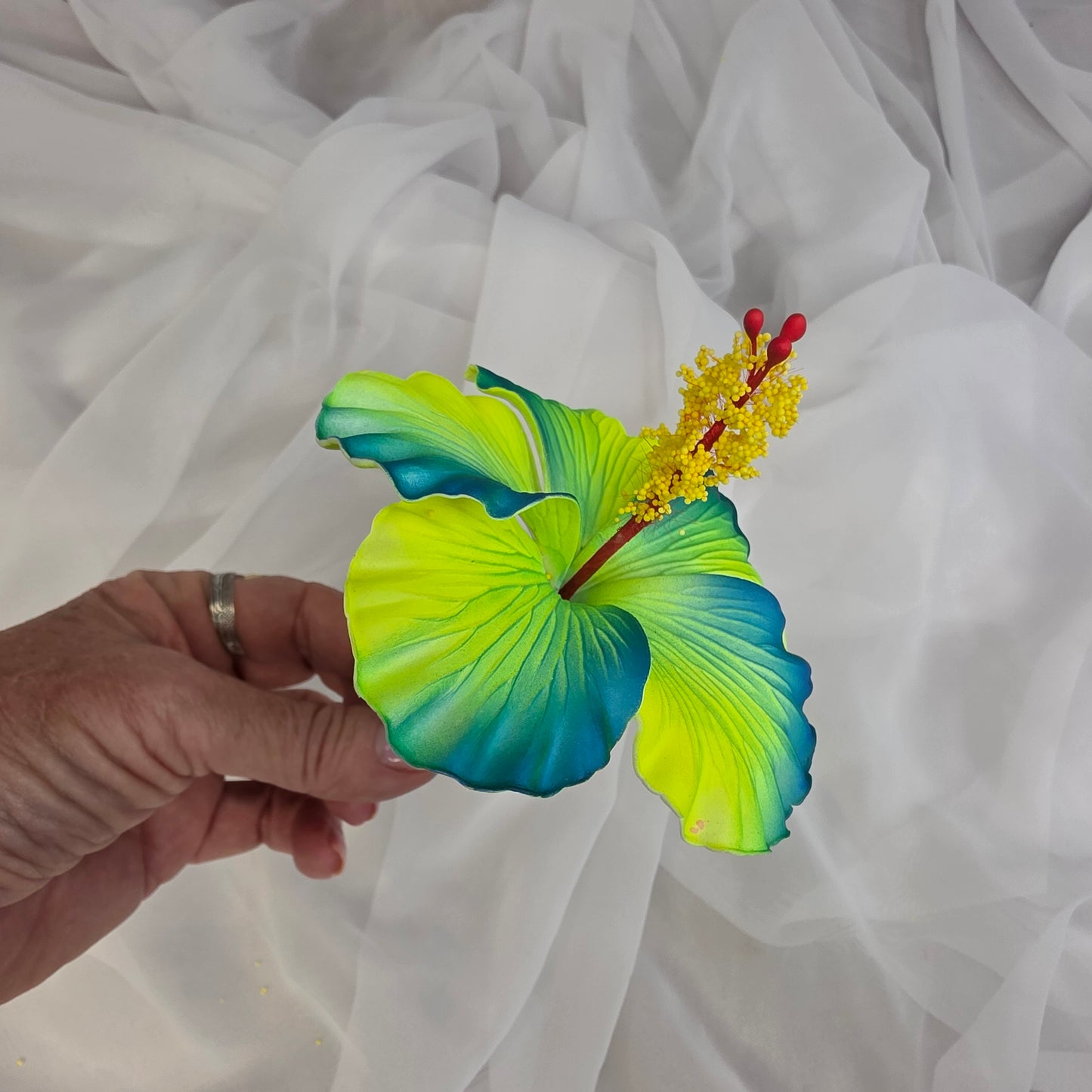 Neon Yellow /Teal Hibiscus 11.5 cm Flowerhead
