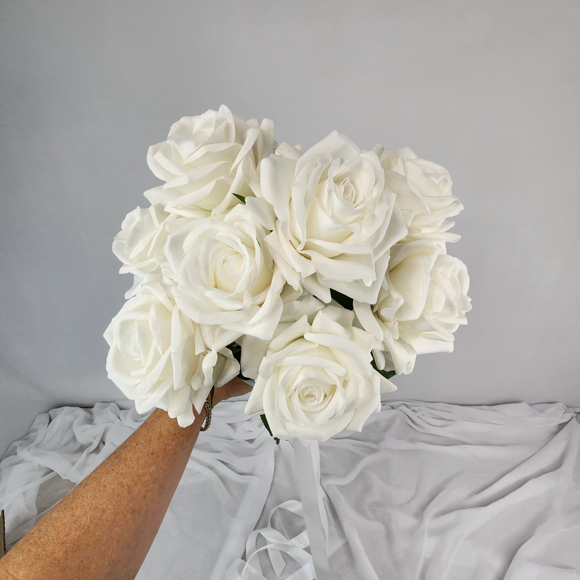 Large White Real Touch Rose Bridal Bouquet