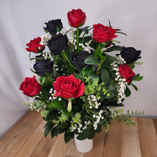 Red and Black Rose Arrangement in Ceramic Vase