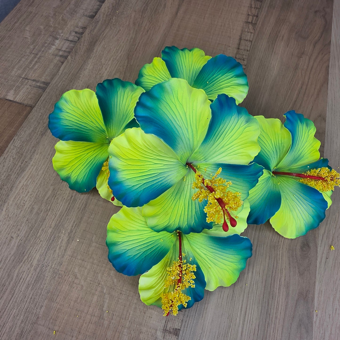 Neon Yellow /Teal Hibiscus 11.5 cm Flowerhead