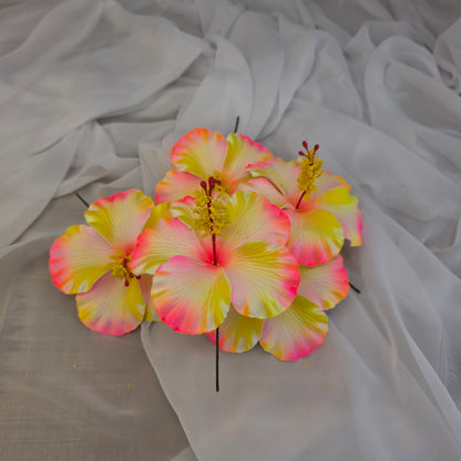 Neon Pink/Yellow Hibiscus Shimmery 11.5 cm Flowerhead