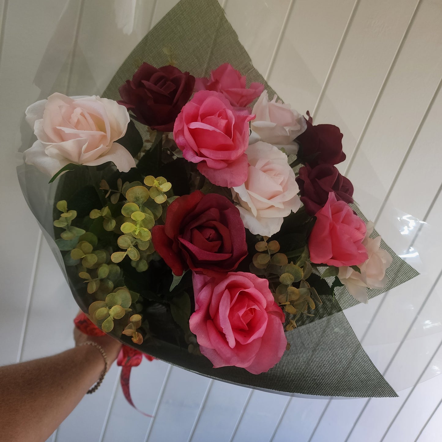 Dozen Mixed Open Rose Bouquet -Real Touch Blooms