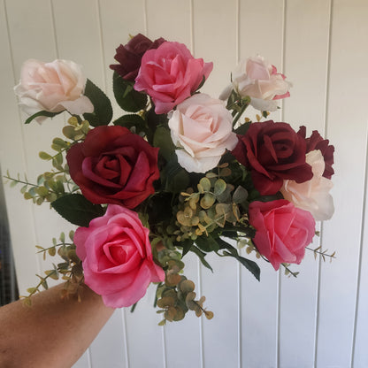 Dozen Mixed Open Rose Bouquet -Real Touch Blooms