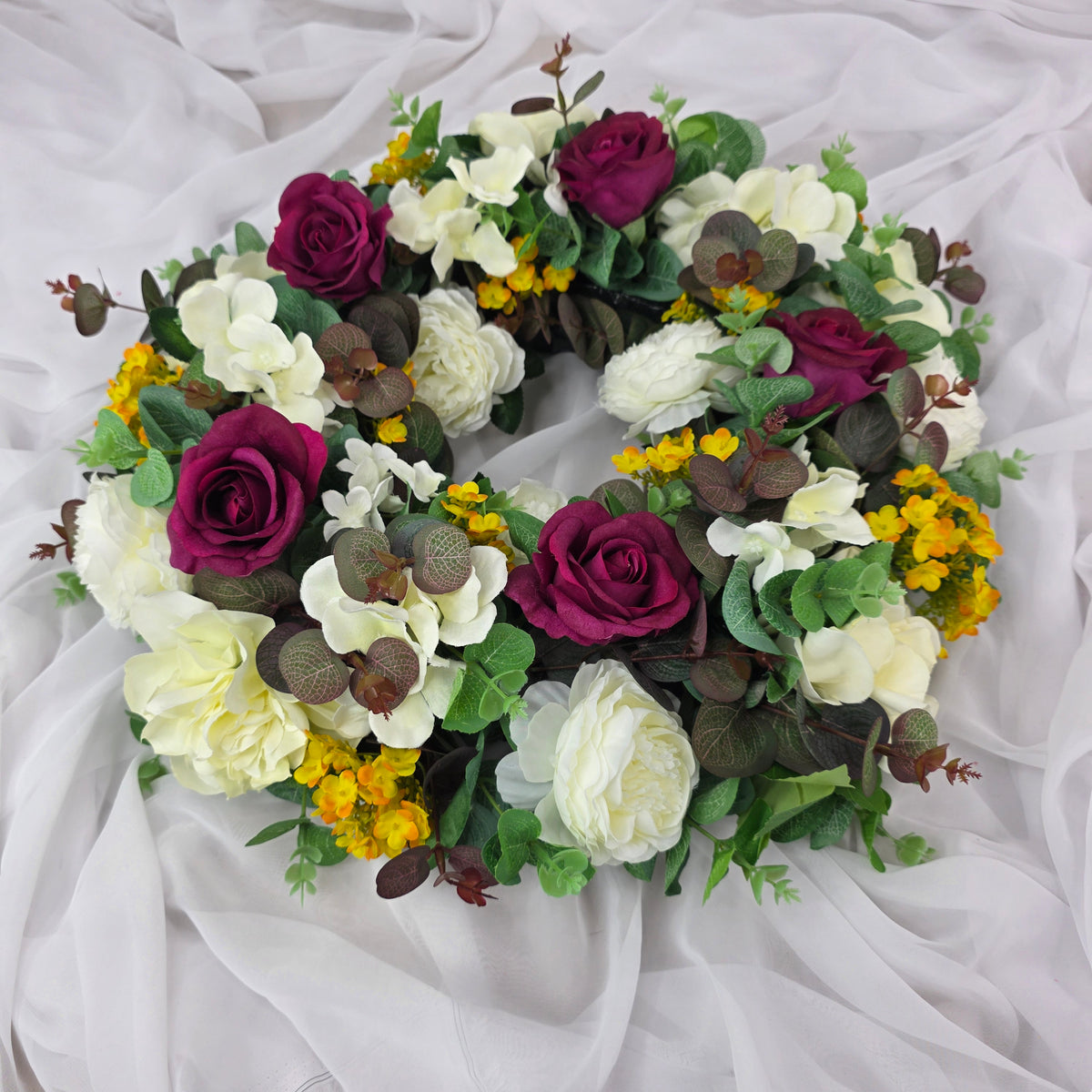 Wreath in Burgundy, White and Yellow