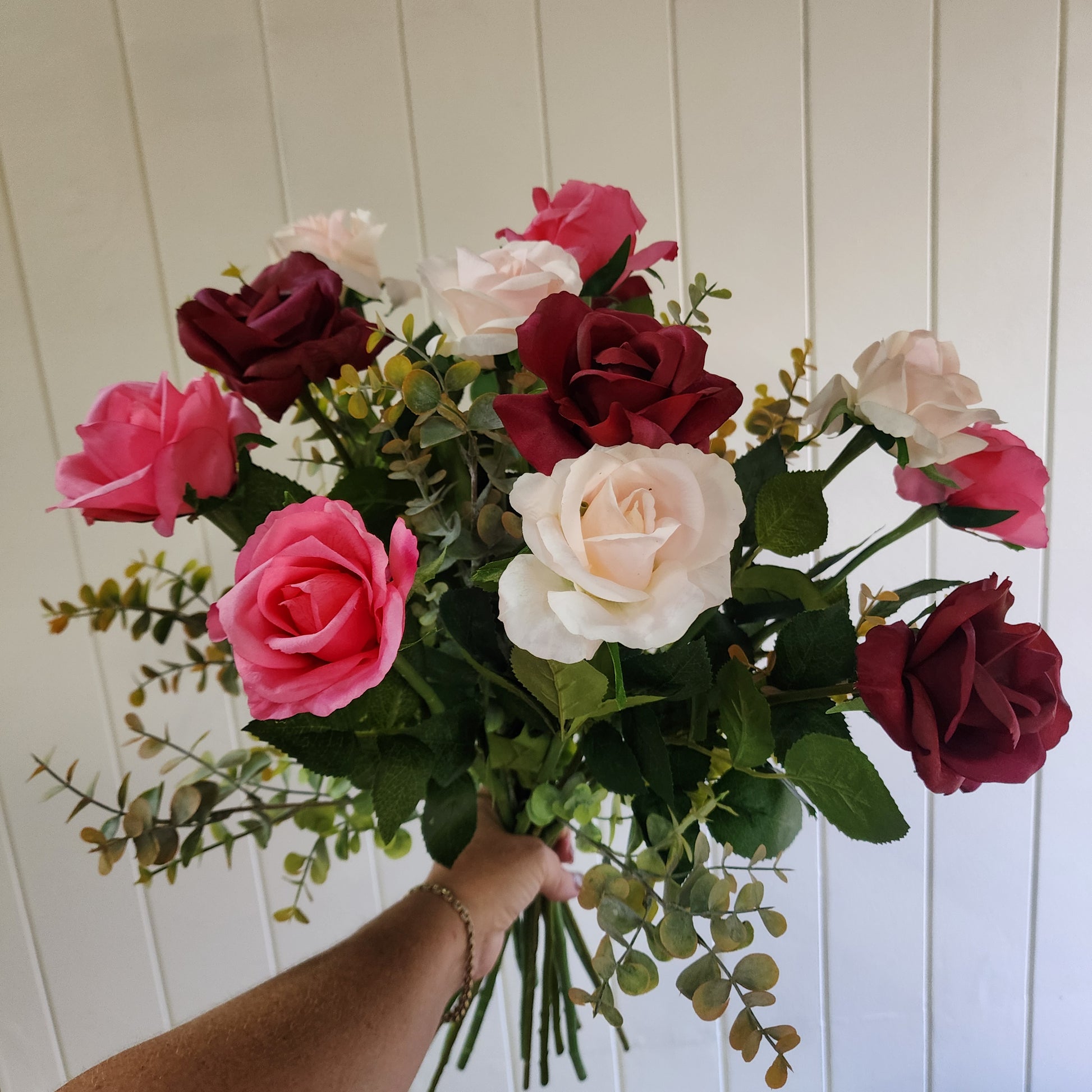 Dozen Mixed Open Rose Bouquet -Real Touch Blooms