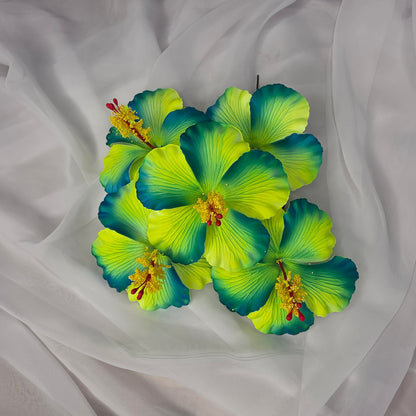 Neon Yellow /Teal Hibiscus 11.5 cm Flowerhead