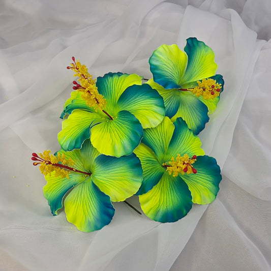 Neon Yellow /Teal Hibiscus 11.5 cm Flowerhead
