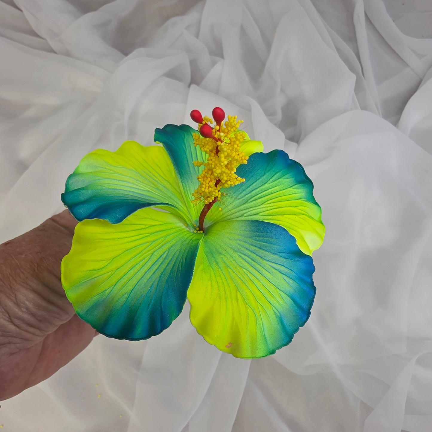Neon Yellow /Teal Hibiscus 11.5 cm Flowerhead