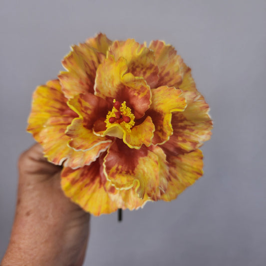 Hibiscus Gold and Red Triple Petal Exotic Flowerhead 12.5cm - Realistic Artificial Flowers