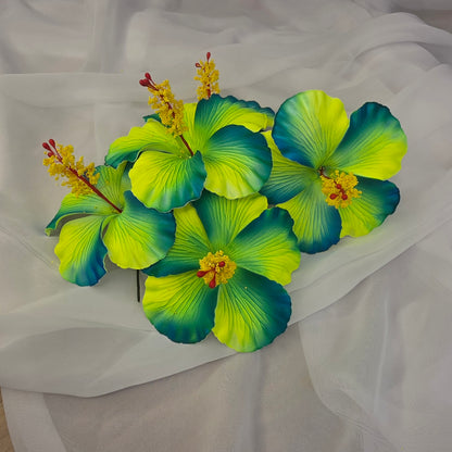 Neon Yellow /Teal Hibiscus 11.5 cm Flowerhead