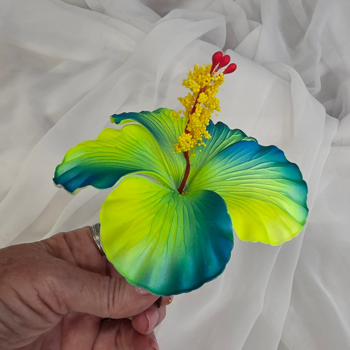 Neon Yellow /Teal Hibiscus 11.5 cm Flowerhead
