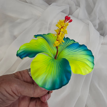 Neon Yellow /Teal Hibiscus 11.5 cm Flowerhead