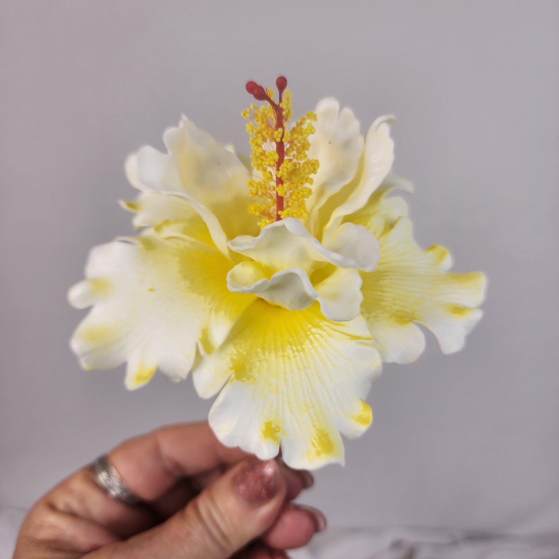 White /Yellow Double Hibiscus 11cm- Realistic artificial Flowers