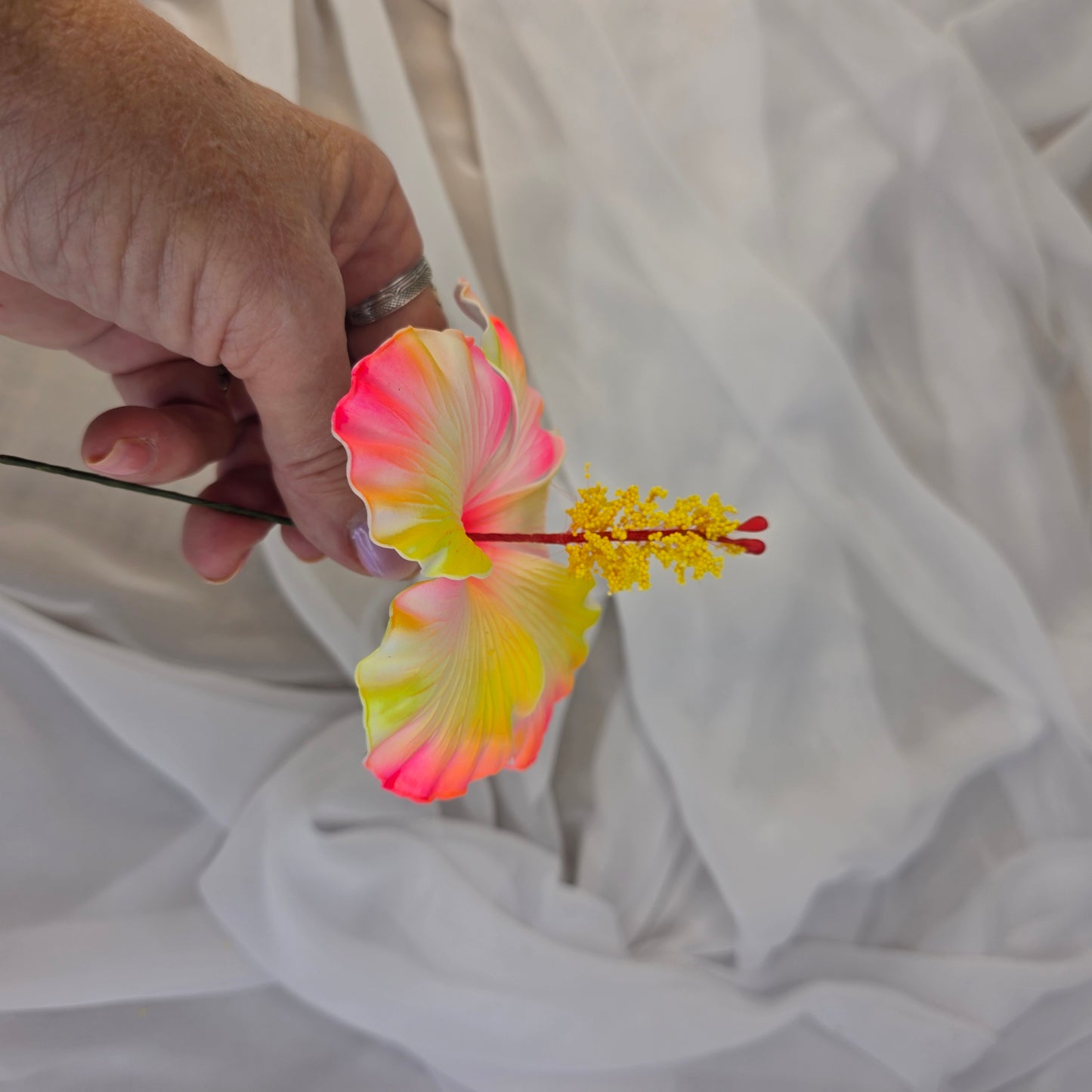 Neon Pink/Yellow Hibiscus Shimmery 11.5 cm Flowerhead