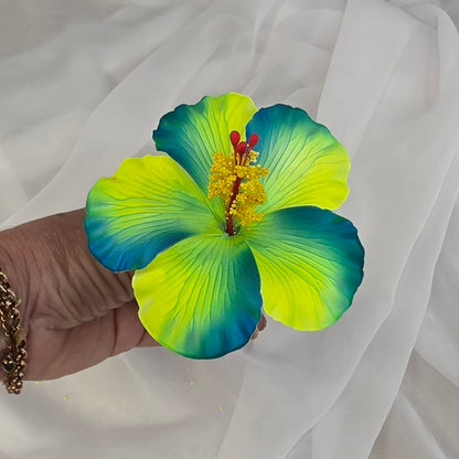 Neon Yellow /Teal Hibiscus 11.5 cm Flowerhead
