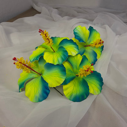Neon Yellow /Teal Hibiscus 11.5 cm Flowerhead