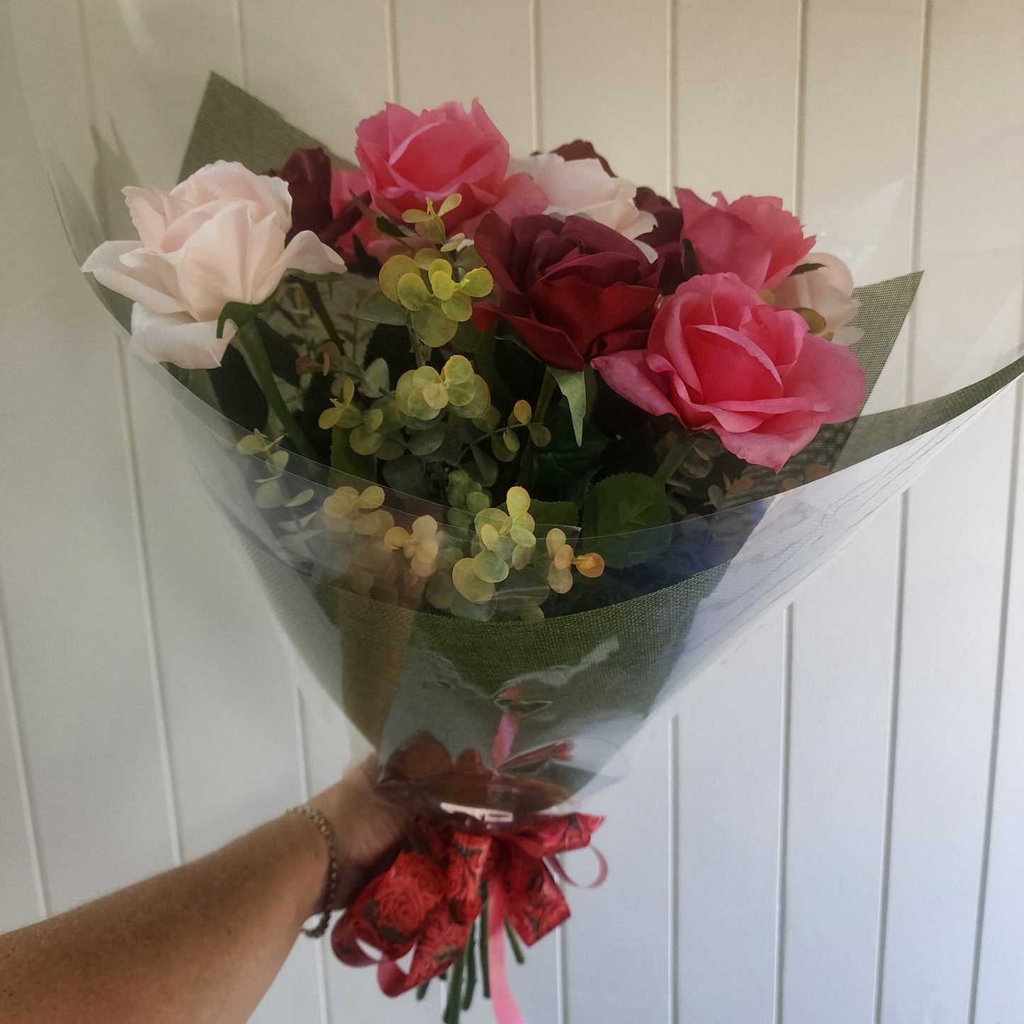 Dozen Mixed Open Rose Bouquet -Real Touch Blooms