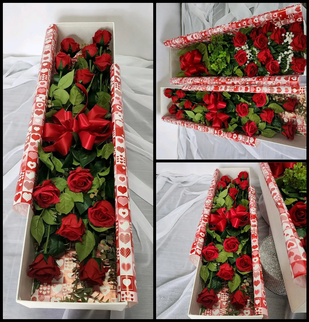 Boxed Dozen Real Touch Red Roses.