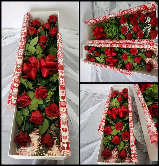 Boxed Dozen Real Touch Red Roses.