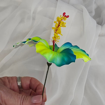 Neon Yellow /Teal Hibiscus 11.5 cm Flowerhead
